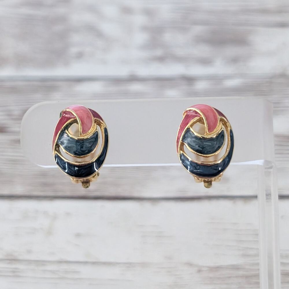 Vintage Clip On Earrings - Just Over 5/8" - Red & Blue Enamel, Gold Tone Oval